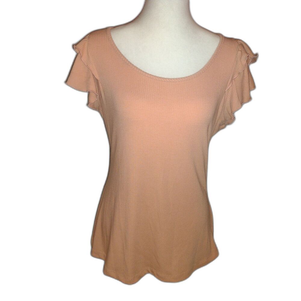 Express Peach Ribbed Blouse Medium Flutter Sleeve Lettuce Edge Soft Tee